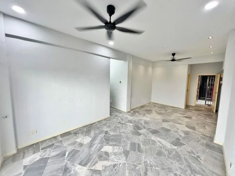 Living features: grey marble tile flooring, white painted walls, 5-blade ceiling fan with light, recessed downlights, open layout, doorway leading to hallway, doorway leading to other room; style: modern.