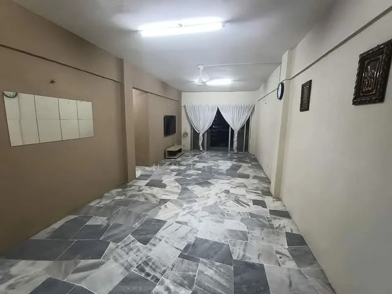 Room features: marble flooring, cream painted walls, grey accent wall, ceiling fan, floor-to-ceiling windows, curtains, wall-mounted TV, decorative wall art; style: modern.