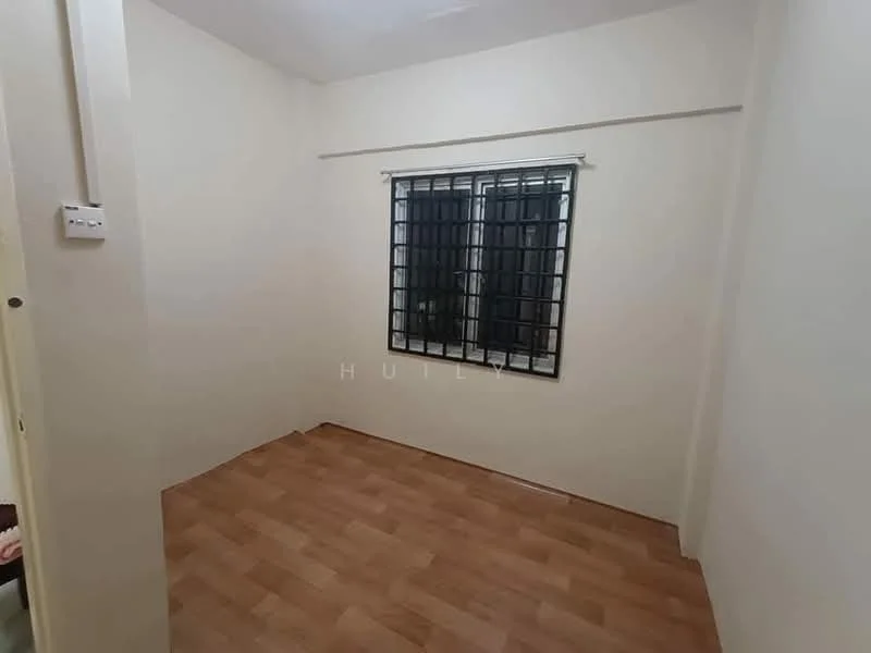 Room features: light wood laminate flooring, white painted walls, black grille window, single window, no visible furniture, plain ceiling, neutral color scheme; style: minimalist.