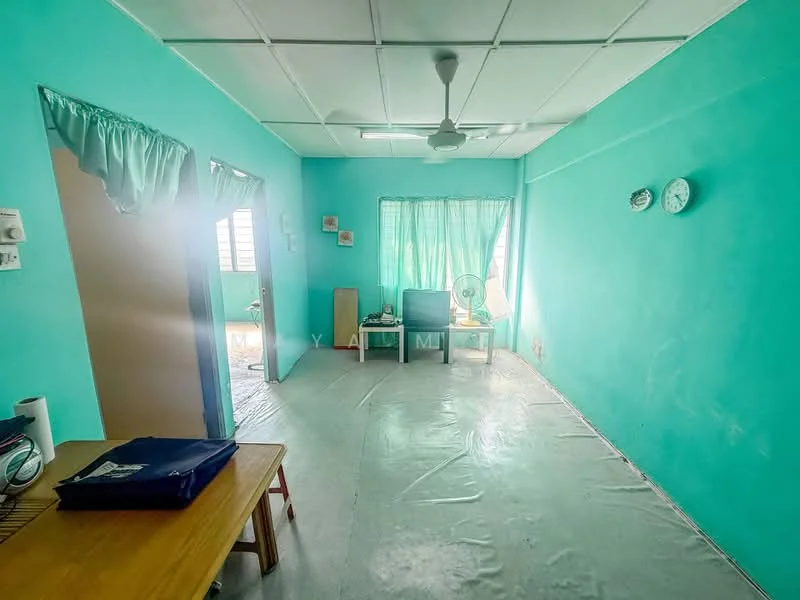 Room features: turquoise painted walls, vinyl flooring, ceiling fan, two windows with sheer curtains, wooden table, wall-mounted clock, light-colored curtain, floor fan; style: modern.