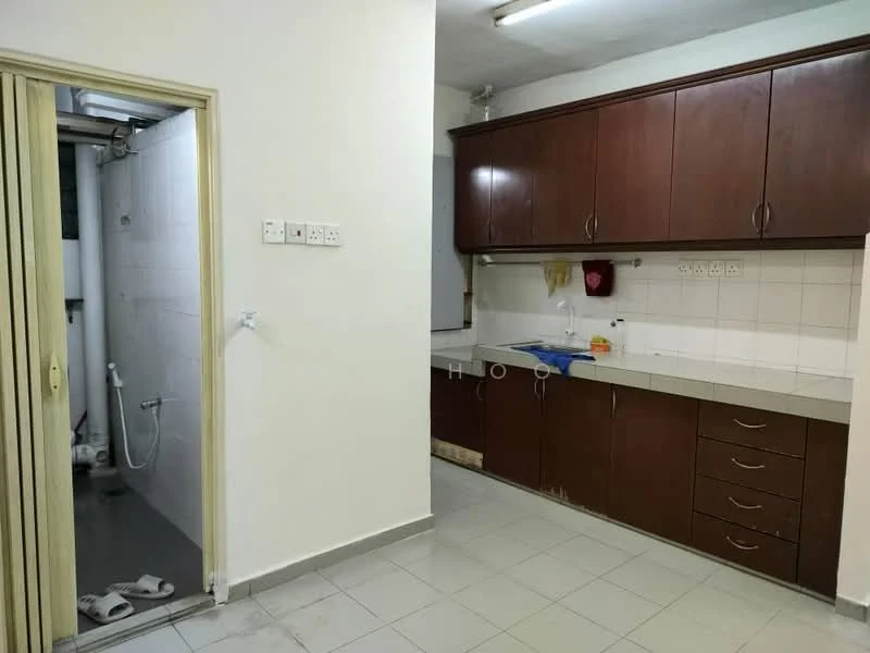 Kitchen features: brown wooden cabinetry, grey countertop, white tiled backsplash, single-bowl stainless-steel sink, chrome pull-down faucet, built-in oven, stainless-steel range hood, ceramic tile flooring, recessed ceiling lights; style: modern. Laundry features: shower area, white tiled walls, grey tiled flooring, wall-mounted shower head, drainage system.