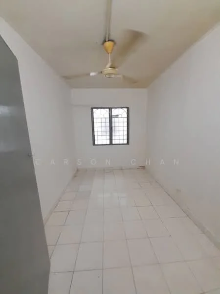 Room features: white painted walls, white ceiling, ceiling fan, tile flooring, single window with grid pattern, no visible furniture, neutral color scheme, empty space; style: minimalist.