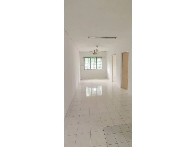 Room features: white painted walls, glossy white tile flooring, ceiling with recessed lighting, large window with green view, single ceiling light fixture.
