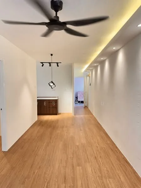 Room features: light wood laminate flooring, white painted walls, recessed LED downlights, 5-blade ceiling fan in black, track lighting with pendant light, open layout, hallway leading to other rooms, built-in cabinetry in the background; style: modern.