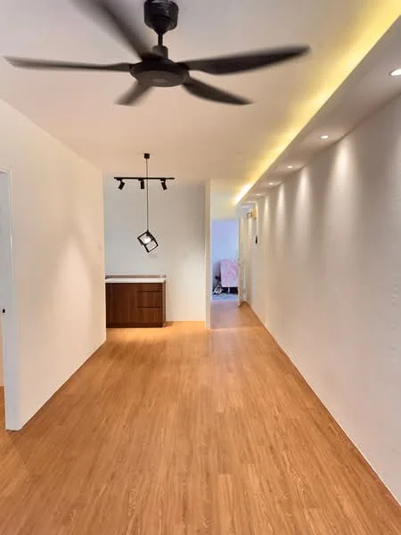 Room features: wooden flooring, white painted walls, 5-blade ceiling fan, recessed LED downlights, hanging pendant light, built-in cabinetry, open layout, hallway, natural light from adjacent room; style: modern.