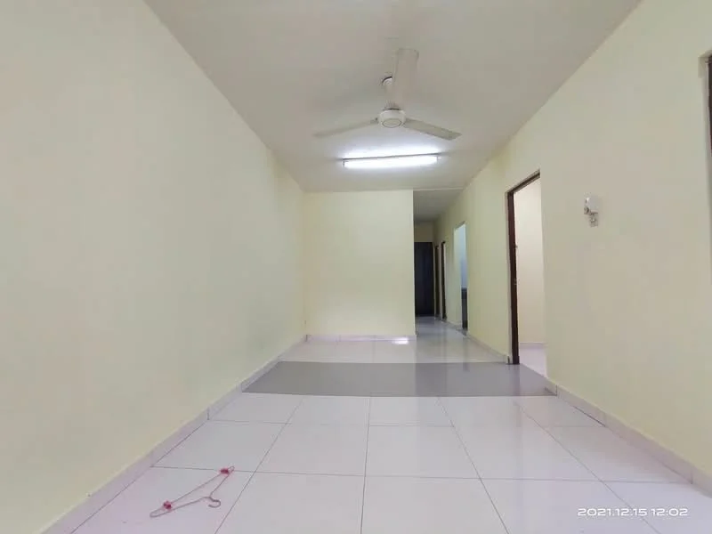 Room features: light yellow painted walls, white ceiling, white tiled flooring, ceiling fan, fluorescent ceiling light, doorway leading to another room, doorway leading to hallway, baseboards.