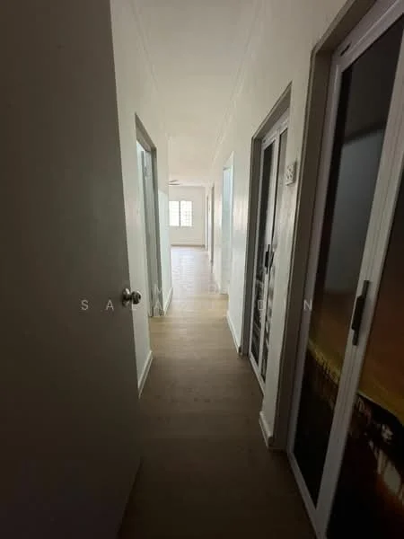 Hallway features: light wood flooring, white painted walls, ceiling with crown moulding, multiple doors, windows at the end of the hallway; style: modern.