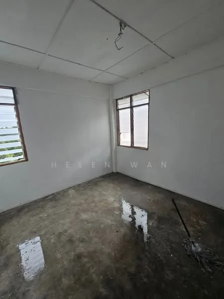Room features: white painted walls, concrete flooring, 2 windows, ceiling with exposed beams, no visible lighting fixtures, clean and empty space.