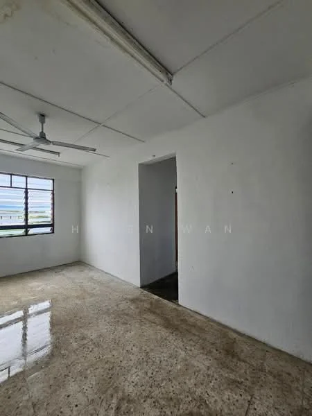 Room features: white painted walls, polished concrete flooring, ceiling fan, window with grid, doorway leading to another room.