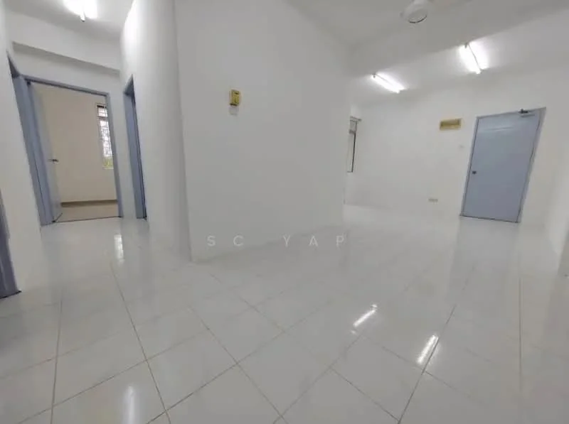 Room features: white painted walls, glossy white tile flooring, recessed ceiling lights, light-colored door frames, two doorways leading to other rooms, window with natural light, no visible furniture or decor; style: minimalist.