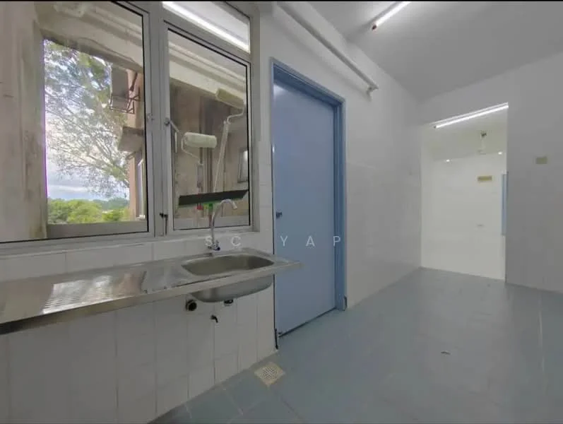 Room features: single-bowl stainless-steel sink, chrome faucet, white tiled walls, light blue door, grey tiled flooring, large window with view, natural light from window, exposed concrete wall, ceiling lights; style: modern; view: garden.