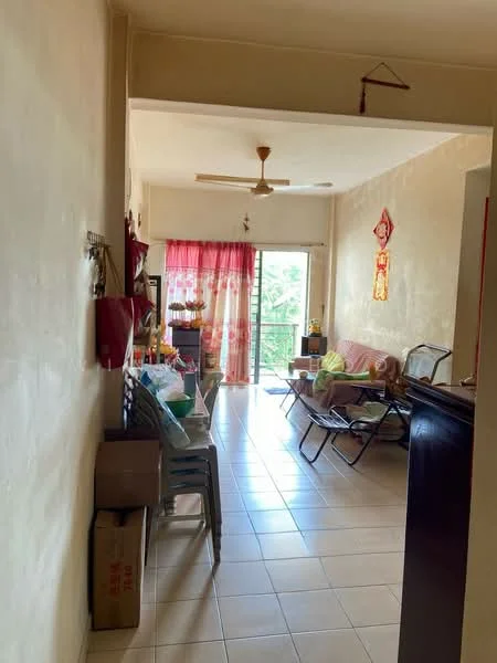 Living features: cream painted walls, tile flooring, 5-blade ceiling fan, sliding glass door, curtains in pink, sofa in light color, folding chairs, decorative wall hangings, open layout, natural light from window, small table with items, greenery view from window; view: garden.
