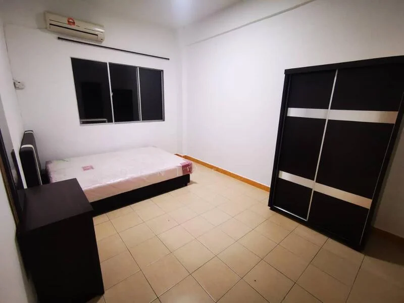 Bedroom features: single bed, black wooden bed frame, mattress with protective cover, built-in wardrobe with sliding doors, dark wood finish on furniture, tile flooring, white painted walls, air conditioning unit on wall, window with black frames, natural light from window; style: modern.