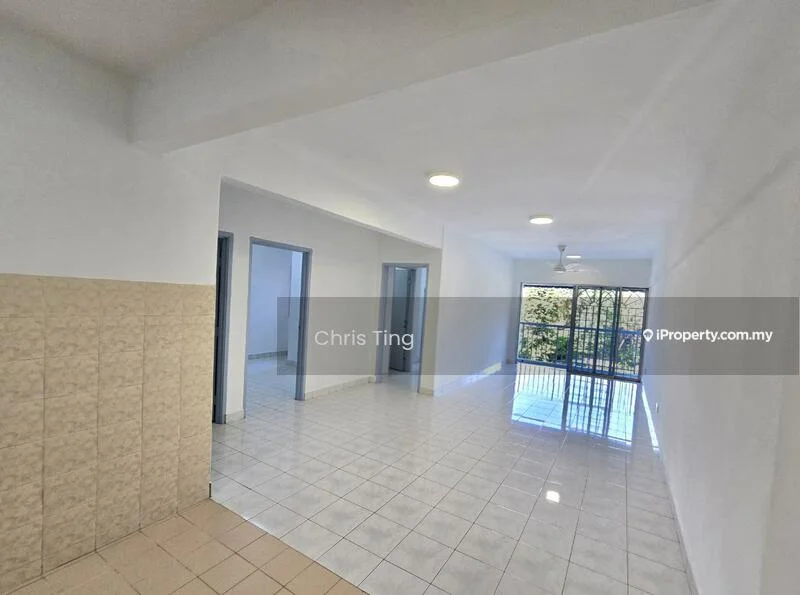 Room features: white painted walls, tile flooring, recessed downlights, 5-blade ceiling fan, large windows, sliding glass door, open layout, neutral color scheme; style: modern; view: garden.
