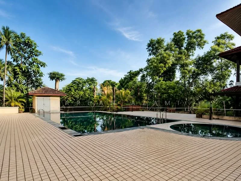 Exterior type: swimming pool deck; features: infinity pool, swimming pool with tiled deck, surrounded by tropical landscaping, manicured greenery, palm trees, outdoor shower area, poolside loungers, covered pavilion, terracotta roof, sliding glass doors to clubhouse, open-air space; style: tropical-modern.