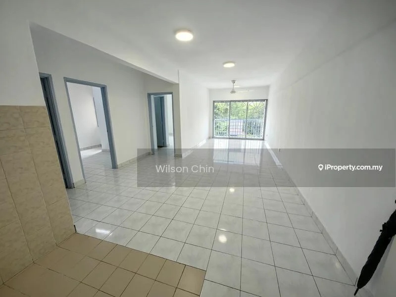Living features: white painted walls, glossy ceramic tile flooring, recessed downlights, 5-blade ceiling fan, floor-to-ceiling sliding glass door, view of outdoor space, open layout, large windows; style: modern; view: garden. Room features: white painted walls, glossy ceramic tile flooring, doorway leading to other rooms.