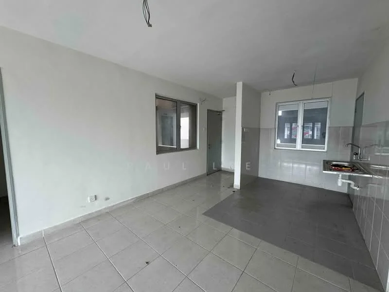 Room features: white painted walls, grey tiled flooring, large window with no treatments, kitchenette with sink, wall-mounted faucet, kitchen countertop, exposed electrical wiring, open layout; style: minimalist.