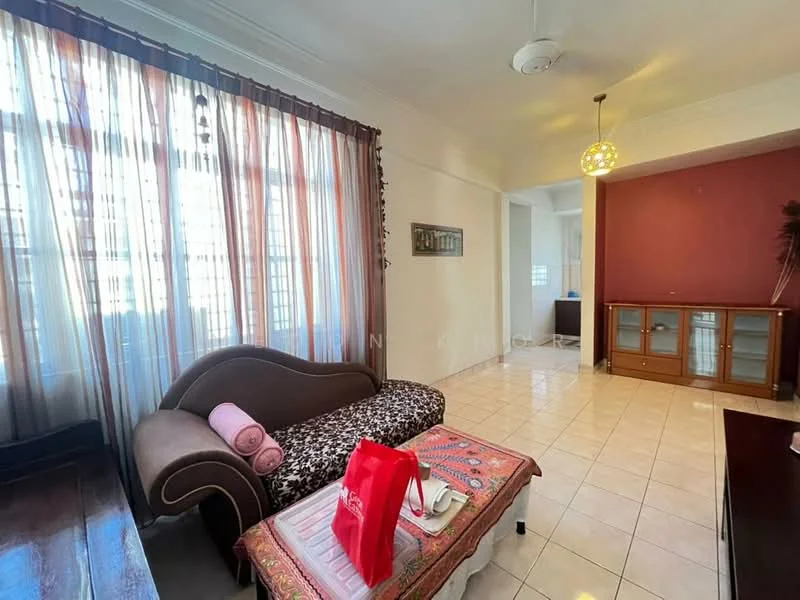 Living features: floor-to-ceiling windows, sheer curtains, 3-seater fabric sofa in brown, decorative throw pillows, coffee table, area rug with geometric pattern, ceiling fan, wall-mounted cabinet, white tiled flooring, accent wall in red; style: contemporary.