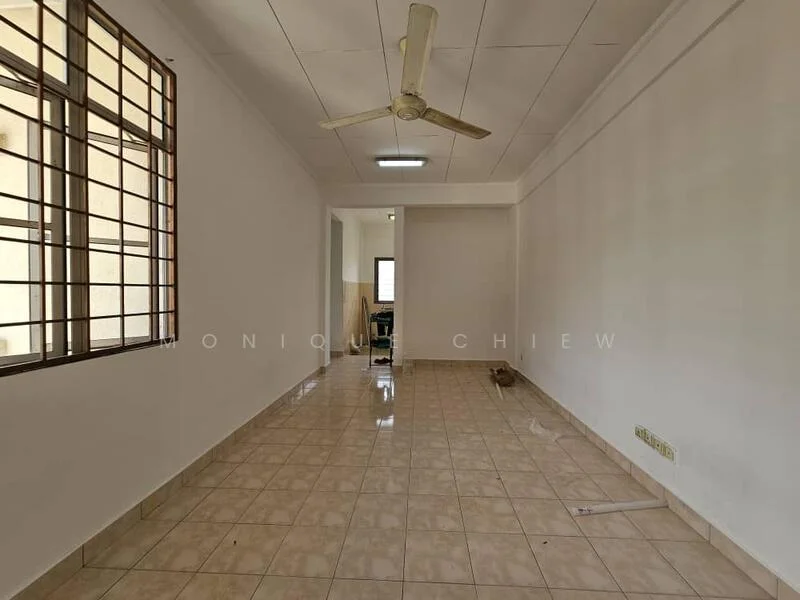 Room features: white painted walls, tiled flooring, ceiling fan, large window with metal grille, neutral color scheme, light fixture on ceiling, open layout, no visible furniture; style: minimalist.