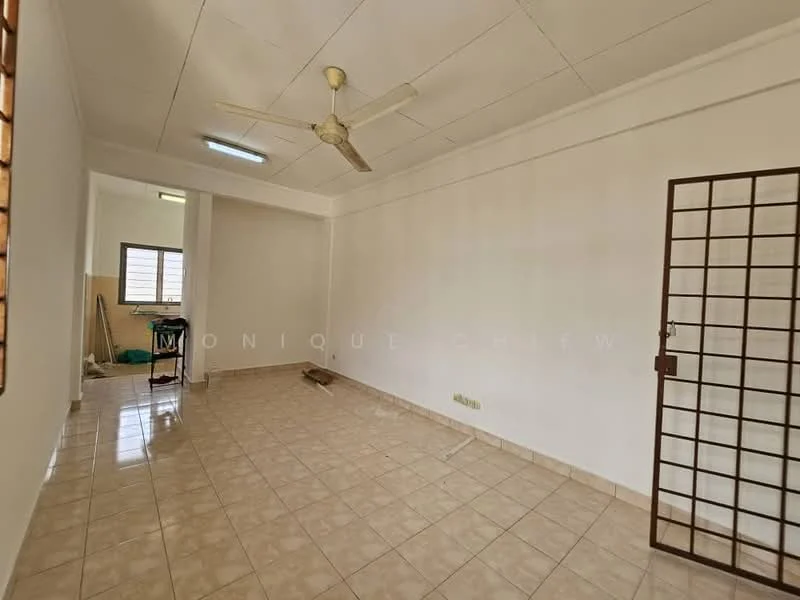 Living features: cream tiled flooring, white painted walls, ceiling fan, window with grid design, natural light from window, corner for potential furniture placement, plain ceiling, no visible decor. Room features: cream tiled flooring, white painted walls, window with grid design, natural light from window.