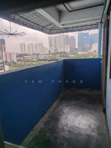 Room features: blue painted walls, concrete flooring, sliding glass door, city skyline view, overhead ceiling fan; view: city.