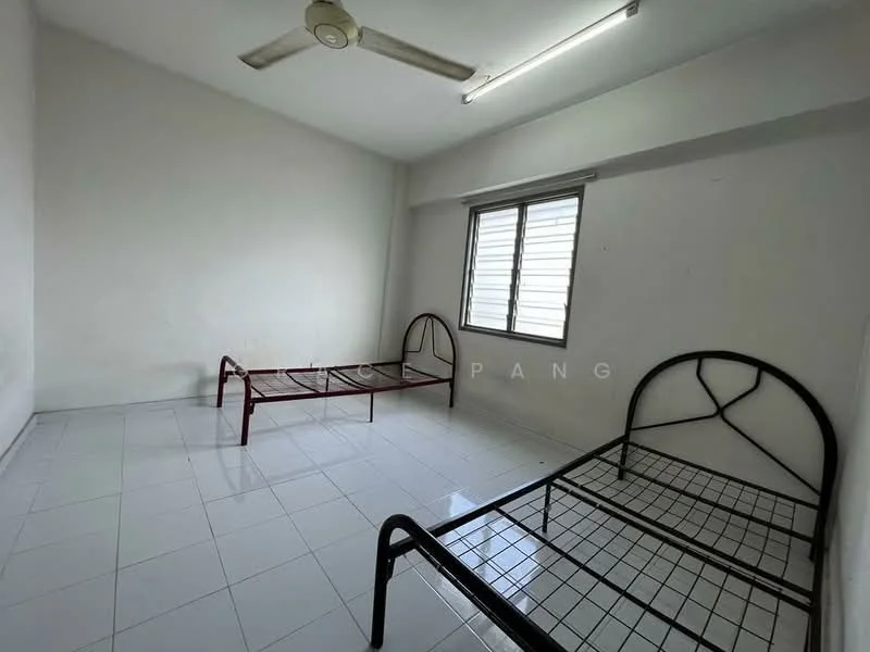 Bedroom features: white painted walls, white tiled flooring, 2 single metal bed frames, ceiling fan, window with horizontal slats.