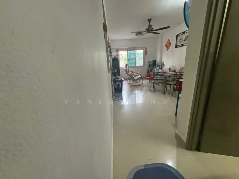 Room features: white painted walls, glossy tile flooring, ceiling fan, dining table with chairs, reclining chairs, window with natural light, decorative wall art, open layout; style: modern.