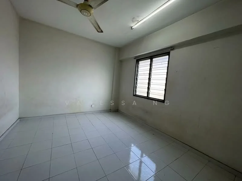 Room features: white painted walls, plain ceiling, ceiling fan, tile flooring, single window with horizontal slats, no visible furniture or decor; style: minimalist.