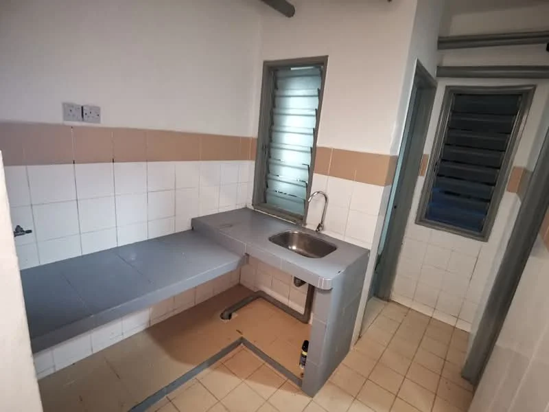 Laundry features: single-bowl stainless-steel sink, grey countertop, white tiled walls, cream tiled backsplash, floor tiles, window with metal grilles, built-in countertop, plumbing visible.