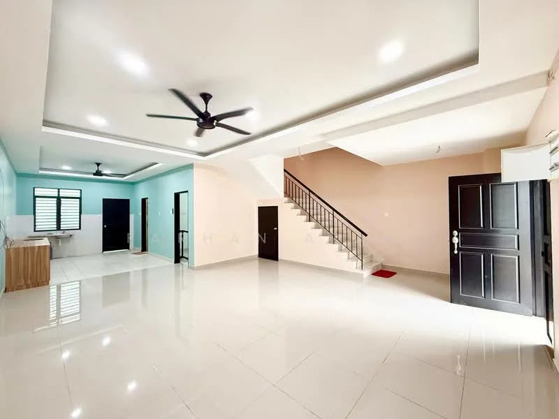 Living features: white painted walls, polished ceramic tile flooring, 5-blade ceiling fan with light, recessed downlights, staircase with black railing, open layout, large windows for natural light, door leading to hallway; style: modern. Kitchen features: white painted walls, laminate cabinetry, countertop, sink, open layout to living area; style: modern.