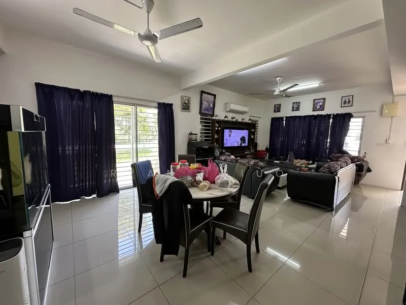 Living features: white painted walls, glossy tile flooring, 5-blade ceiling fan with light, wall-mounted TV, black leather sofa, coffee table, decorative wall shelves, large windows with sheer curtains, area rug, entertainment unit; style: modern; view: garden. Dining features: round dining table, black dining chairs, table set with dining ware, open layout to living area; style: modern; view: garden.