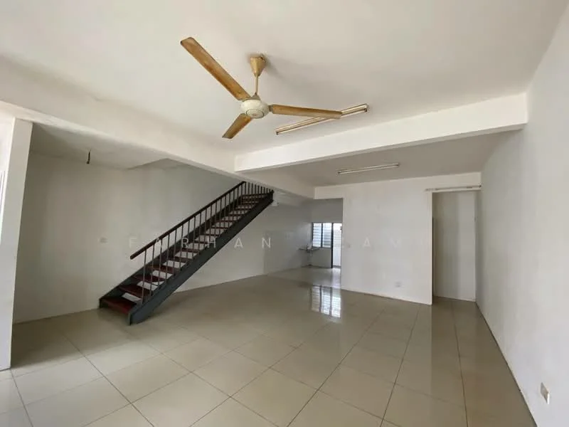 Living features: white painted walls, glossy ceramic tile flooring, 5-blade ceiling fan with light, staircase with wooden steps and metal railing, large windows providing natural light, open layout, neutral color scheme, no visible furniture; style: minimalist.