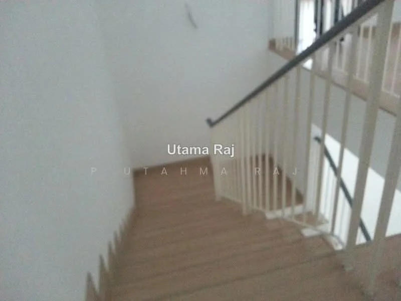 Room features: wooden staircase, white painted walls, light wood flooring, metal railing, natural light from windows; style: modern.