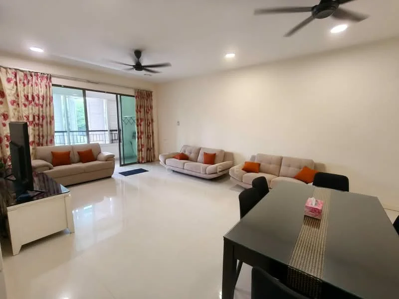 Living features: 2 beige fabric sofas, orange accent cushions, black dining table, 4 black dining chairs, white TV console, floor-to-ceiling windows, sheer curtains with floral pattern, recessed downlights, polished tile flooring, ceiling fan with light; style: modern.