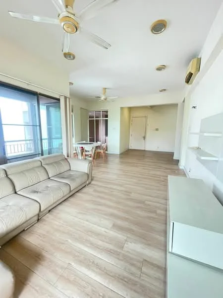 Living features: 3-seater leather sofa in light beige, wooden flooring, ceiling fan with light, recessed downlights, large floor-to-ceiling windows, white wall-mounted TV console, dining table with chairs visible in background, air conditioning unit on wall; style: modern; view: city.