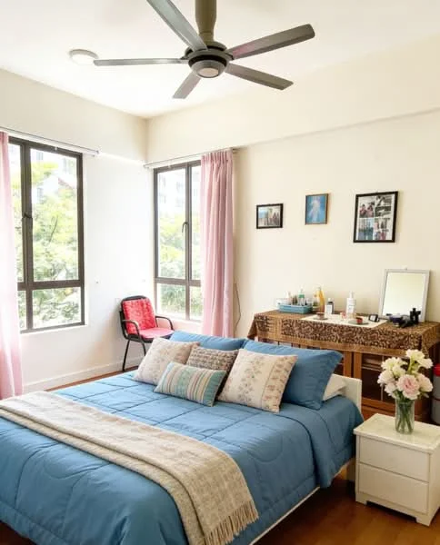 Bedroom features: king-size bed with blue bedding, upholstered headboard, 3 decorative pillows, wooden bedside table, white bedside lamp, wooden dresser with mirror, framed artwork on walls, 5-blade ceiling fan, floor-to-ceiling windows, sheer curtains, wooden flooring, decorative flowers in vase, red chair; style: modern; view: garden.