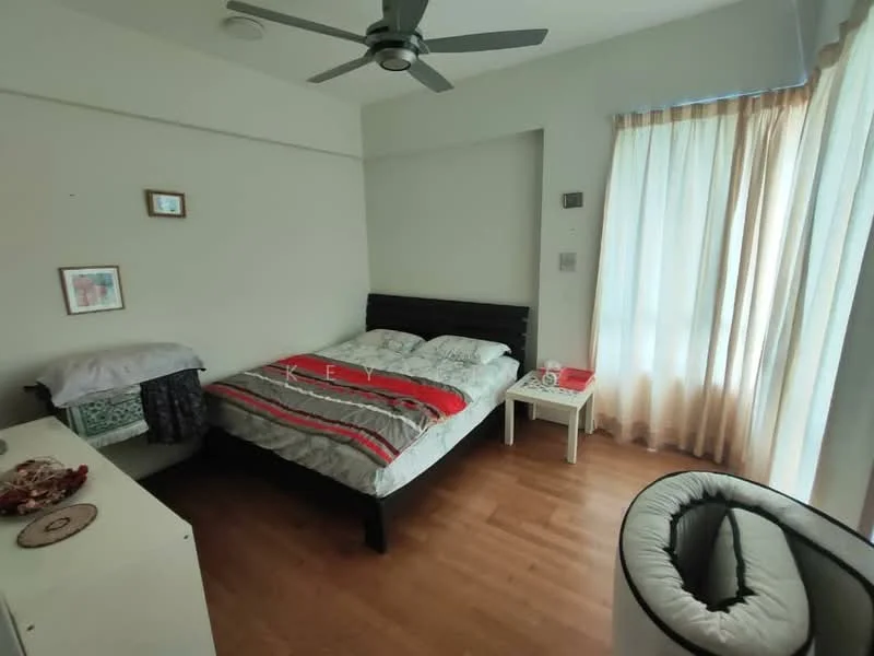 Bedroom features: queen-size bed with grey and red bedding, wooden flooring, 5-blade ceiling fan, floor-to-ceiling window with sheer curtains, white walls, nightstand with decorative items, open shelving unit, decorative wall art; style: modern.