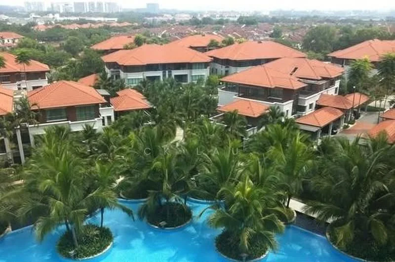Exterior type: low-rise apartment block; features: red tiled roofs, lush palm trees, swimming pool with curved edge, manicured landscaping, surrounding residential area, multiple buildings, greenery in background, urban context; style: tropical-modern.