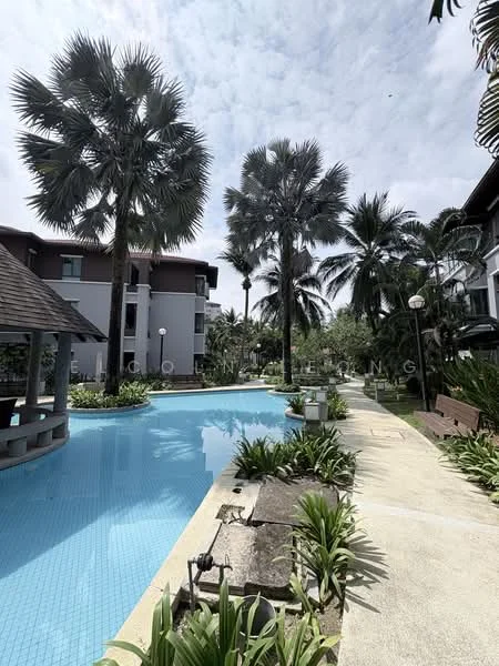 Exterior type: low-rise apartment block; features: swimming pool, landscaped garden, palm trees, manicured lawn, stone-paved walkway, outdoor seating area with benches, poolside gazebo, pathway along the pool; style: tropical-modern.