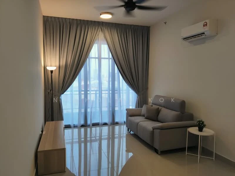 Living features: grey fabric sofa, wooden TV console, floor-to-ceiling windows, sheer curtains, blackout curtains, 1 wall-mounted split AC, ceiling fan, recessed downlights, glossy tile flooring, decorative plant in ceramic pot, lamp with fabric shade; style: modern; view: city.