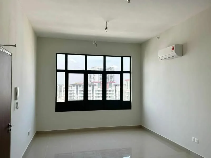 Room features: white painted walls, polished ceramic tile flooring, floor-to-ceiling windows, 1 wall-mounted split AC, track lighting, neutral ceiling, minimalist design; style: modern; view: city.