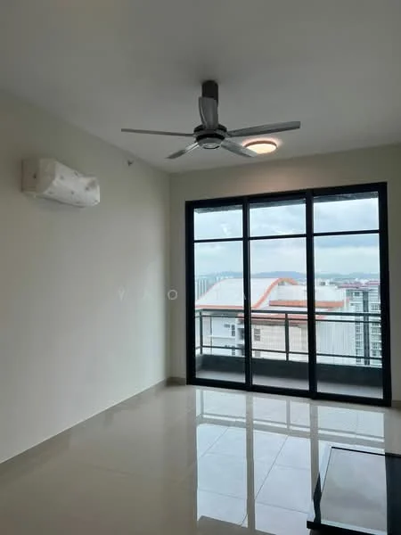 Living features: 5-blade ceiling fan with light, wall-mounted split AC, floor-to-ceiling windows, black sliding glass door, glossy tile flooring, neutral painted walls, recessed ceiling light, city view from window; style: modern; view: city.