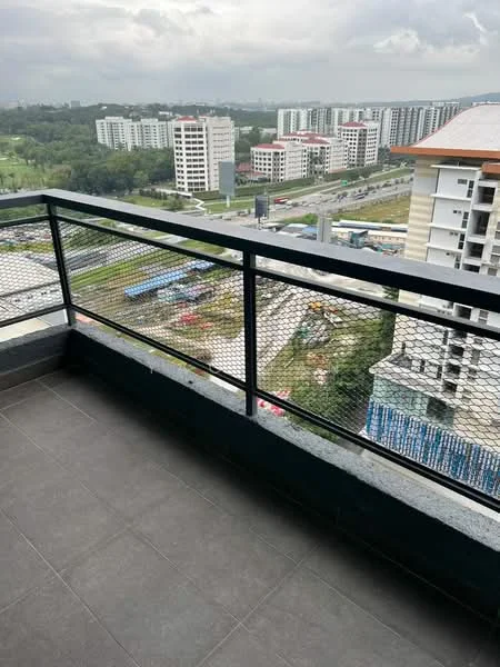 Room features: balcony, metal railing, grey tiled flooring, city view, surrounding greenery, high-rise buildings in view, road visible below; view: city.
