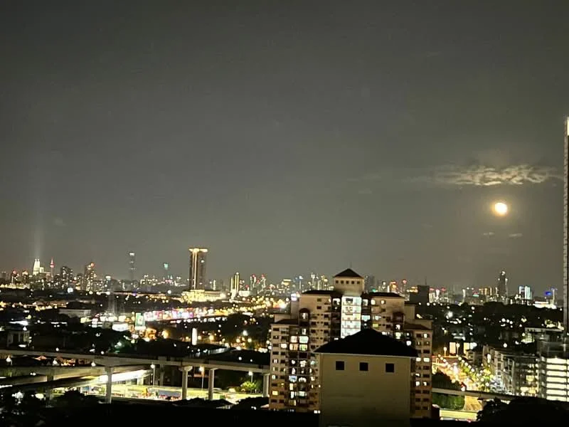 Exterior type: high-rise condominium; features: city skyline view, nighttime lighting, visible moon, urban landscape, multiple high-rise buildings, highway visible in foreground; style: modern.