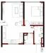 Floor plan: 2-bedroom 1-bathroom unit; features: open-plan kitchen-dining-living, master bedroom with ensuite bathroom, bedroom 2 with shared bathroom, balcony off living room, utility room, laundry area, central foyer.