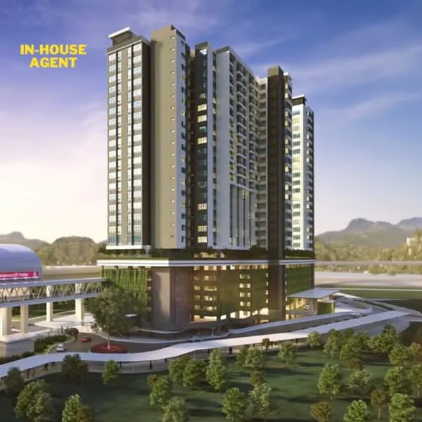Exterior type: high-rise condominium; features: glass curtain wall, green balcony panels, landscaped garden area, manicured lawn, surrounding mature trees, multi-storey structure, outdoor seating area, parking area, adjacent to roadway, mountain view in background; style: modern.