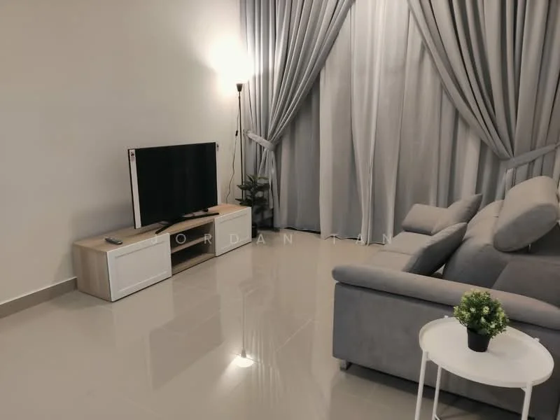 Living features: grey fabric sectional sofa, white side table, wooden TV console, flat-screen TV, floor lamp, light grey curtains, glossy tile flooring, decorative plant; style: modern.