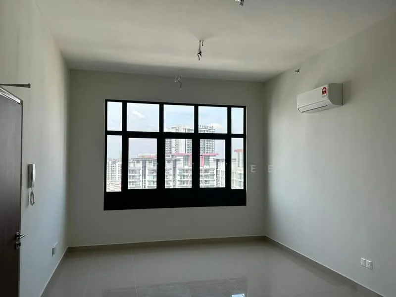 Room features: grey painted walls, glossy tile flooring, floor-to-ceiling windows, black window frames, 1 wall-mounted split AC, recessed downlights, no visible furniture, city view from window; style: modern; view: city.