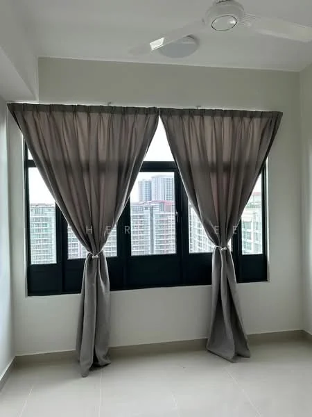 Room features: floor-to-ceiling windows, black window frames, grey curtains, smooth white walls, light-colored tile flooring, ceiling fan; style: modern; view: city.