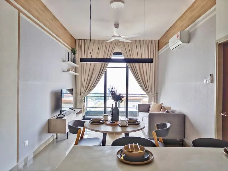 Living features: grey fabric sofa, round dining table, 4 dining chairs, wall-mounted TV, TV console, floor-to-ceiling windows, sheer curtains, recessed downlights, ceiling fan, air conditioning unit, decorative vase with flowers, wall-mounted shelving, light wood accent wall, cream painted walls, marble tile flooring; style: modern; view: city.